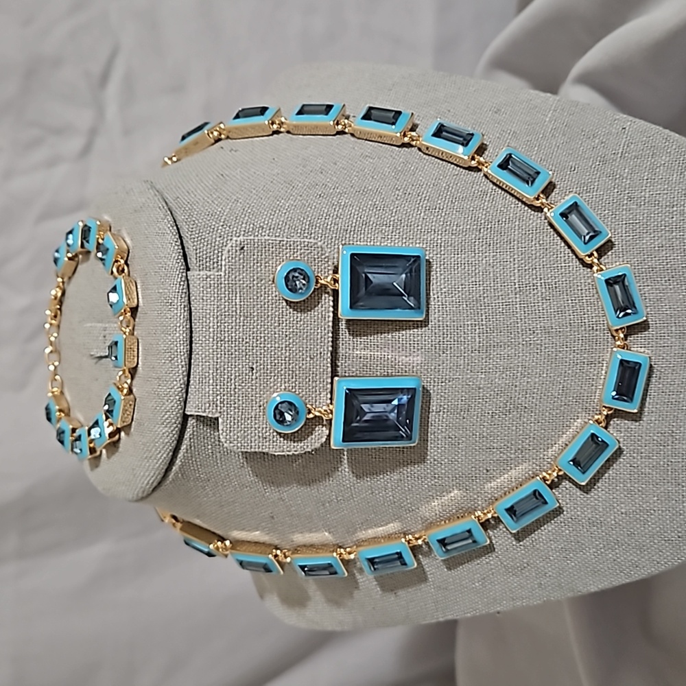 Blue Crystal & Enamel Parure 3pc Earrings Necklace Bracelet Box Set